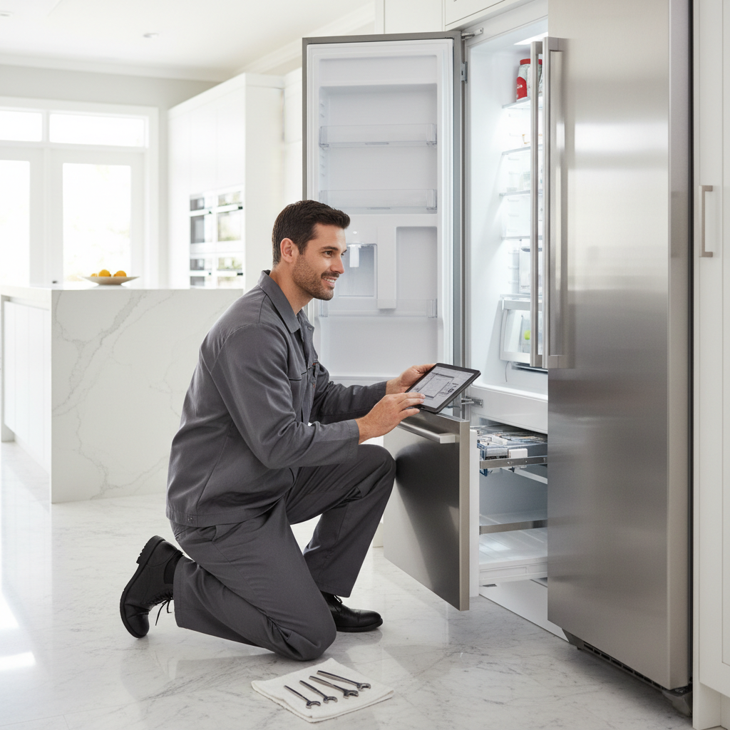 Professional appliance repair technician working in a premium home