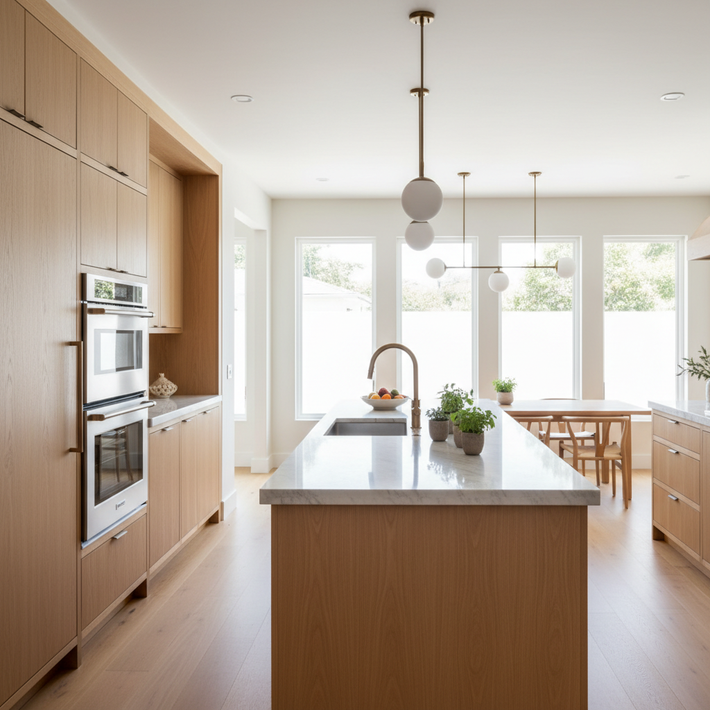 Upscale kitchen interior with integrated refrigerator and wall oven